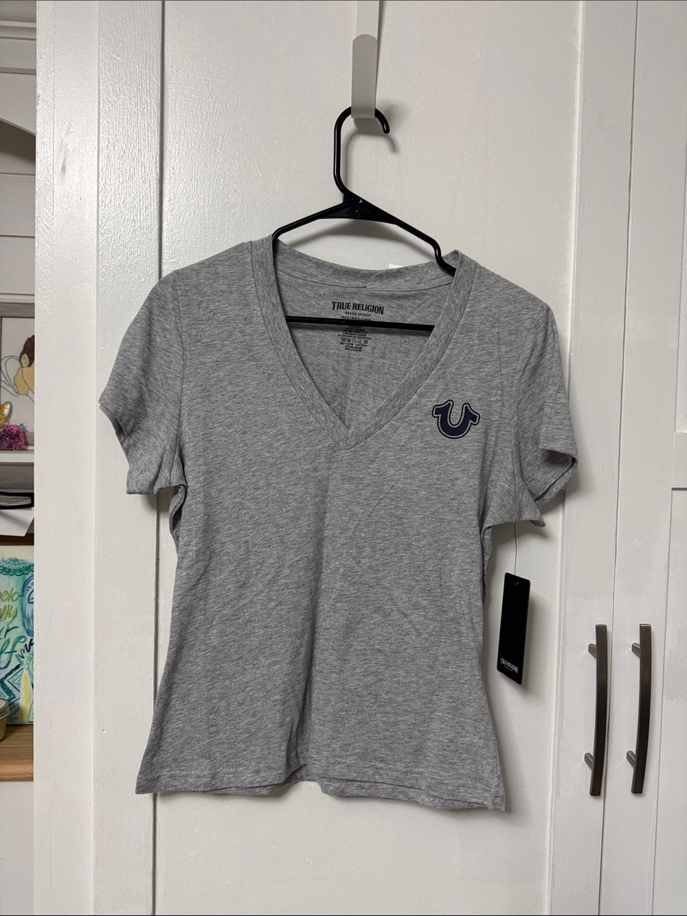 True Religion Women's Heather Gray V-Neck Logo Tee